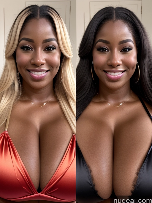 ai nude image of there are two women with big breasts posing for a picture pics of Perfect Boobs Beautiful Long Hair Laughing African Cleavage 30s Happy Satin Close-up View Busty Onoff Microkini Huge Boobs Blonde