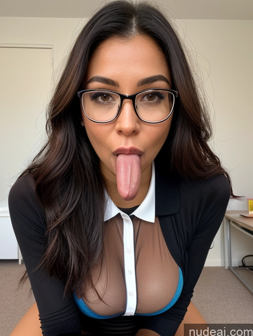 ai nude image of arafed woman with glasses and a shirt sticking out her tongue pics of Sorority Busty Perfect Boobs Beautiful Glasses Lipstick Perfect Body Pubic Hair Oiled Body Seductive Close-up View Blouse Panties Polo Secretary Teacher Stylish Thigh Socks Transparent Suspender Belt Blowjob