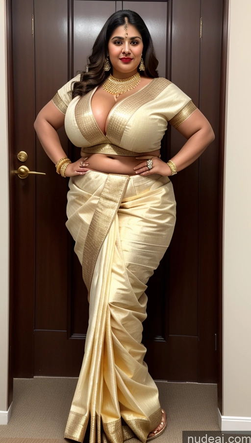 ai nude image of a pregnant woman in a gold sari posing for a picture pics of Huge Boobs Big Ass Abs Chubby Big Hips Fairer Skin Indian Lipstick Traditional Gold Jewelry Sari