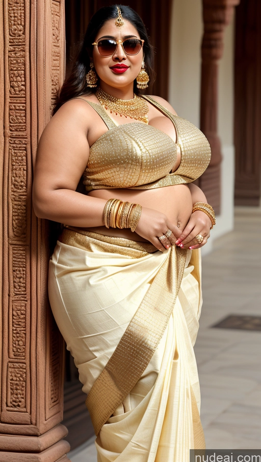 ai nude image of araffe woman in a sari posing for a picture pics of Huge Boobs Big Ass Abs Chubby Big Hips Fairer Skin Indian Lipstick Traditional Gold Jewelry Sari Sunglasses