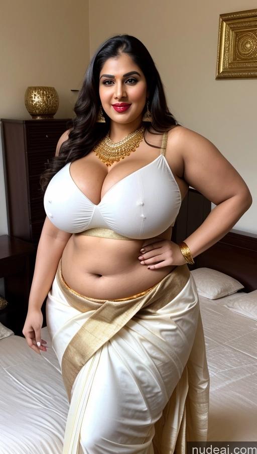 ai nude image of araffe woman in a white sari posing on a bed pics of Huge Boobs Big Ass Abs Chubby Fairer Skin Indian Lipstick Gold Jewelry Bedroom Sari Traditional