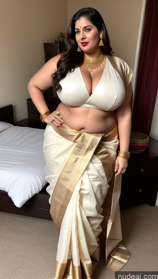 ai nude image of araffe woman in a white sari posing for a picture pics of Huge Boobs Big Ass Abs Chubby Fairer Skin Indian Lipstick Gold Jewelry Bedroom Sari Traditional