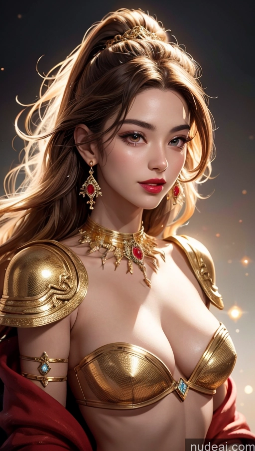 ai nude image of a close up of a woman in a gold outfit with a red cape pics of Small Tits Beautiful Lipstick Happy Miss Universe Model Perfect Body Pubic Hair 30s Slicked Korean Painting Close-up View Fantasy Armor Gold Jewelry Bright Lighting Detailed