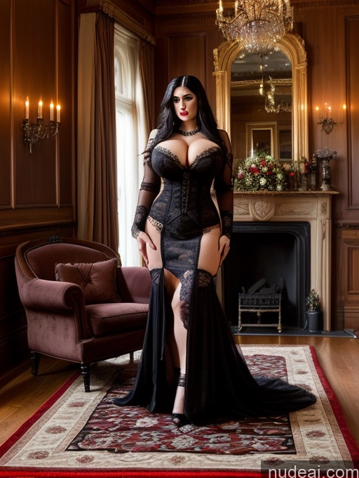 ai nude image of arafed woman in a black dress posing in a room pics of Model Busty Huge Boobs Muscular Big Ass Abs Big Hips Huge Tits, Hard Nipples 20s Seductive Sexy Face Black Hair Goth Vampire Victorian German Wedding Victorian Parlor Nude Complete Nude