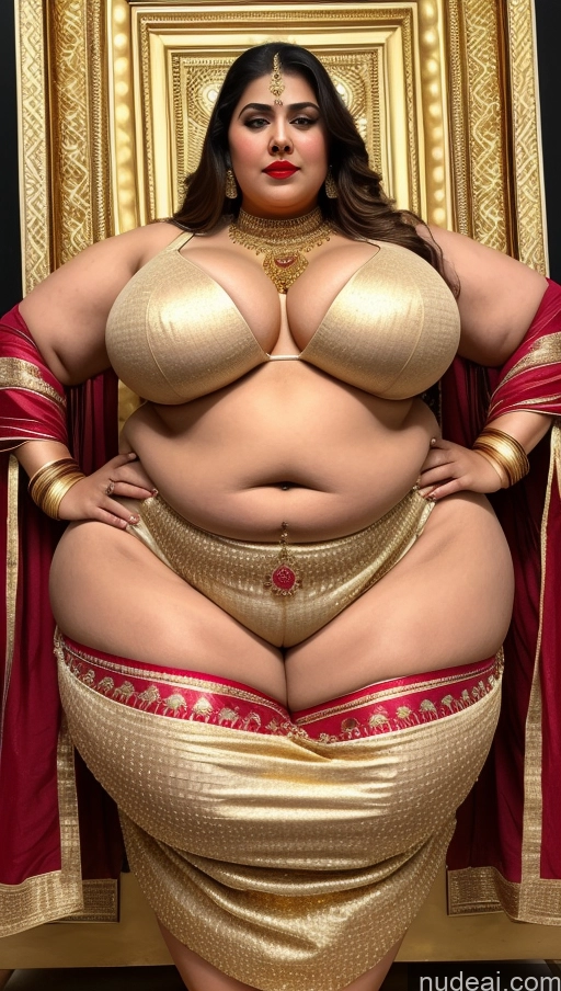 ai nude image of a close up of a woman in a gold dress posing for a picture pics of Huge Boobs Big Ass Abs Chubby Big Hips Fairer Skin Indian Traditional Gold Jewelry Lipstick