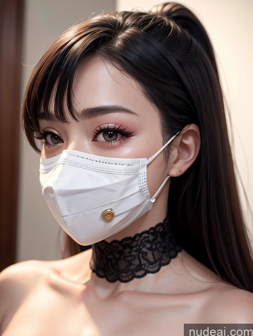 ai nude image of arafed woman wearing a white mask and choke with a black choker pics of Korean Perfect Boobs Face Mask