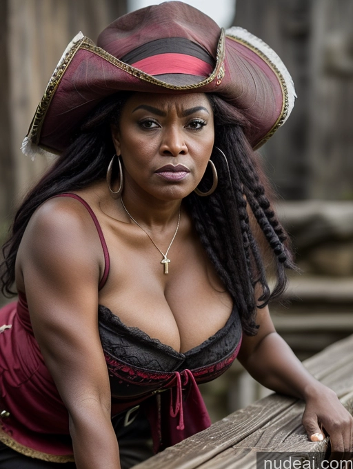 ai nude image of there is a woman wearing a pirate hat and a red dress pics of Dark Skin Black Hair Ethiopian Plank Pirate Milf Huge Boobs Big Ass Big Hips 50s Angry Pouting Lips Front View Medieval French Musketeer Dress