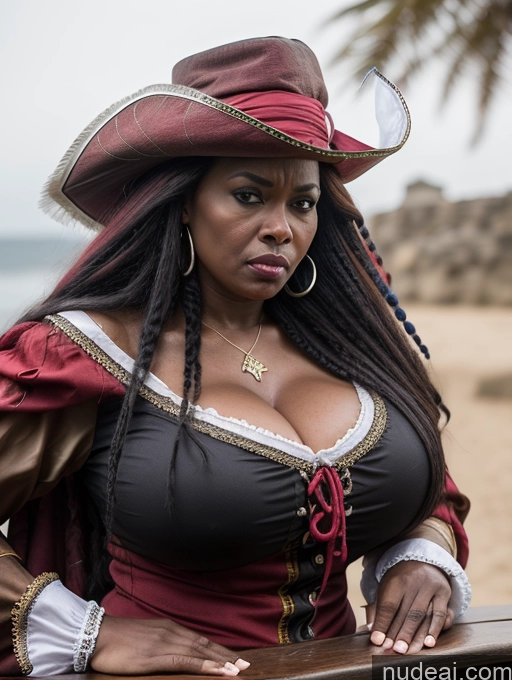 ai nude image of there is a woman in a pirate costume posing for a picture pics of Dark Skin Black Hair Ethiopian Plank Pirate Milf Huge Boobs Big Ass Big Hips 50s Angry Pouting Lips Medieval French Musketeer Dress Dynamic View