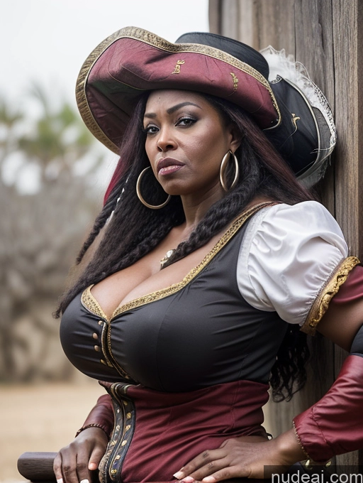 ai nude image of there is a woman in a pirate costume posing for a picture pics of Dark Skin Black Hair Ethiopian Plank Pirate Milf Huge Boobs Big Ass Big Hips 50s Angry Pouting Lips Medieval French Musketeer Dress Side View