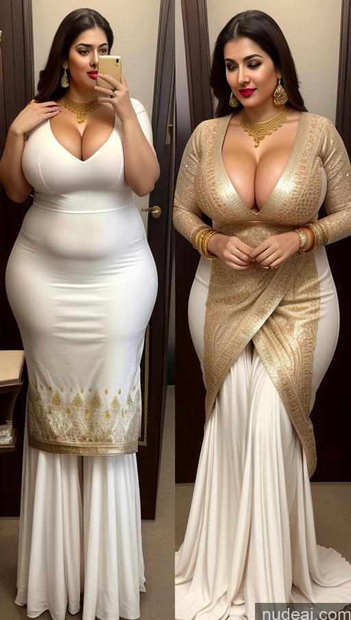 ai nude image of a woman in a white dress and gold dress taking a selfie pics of Huge Boobs Big Ass Abs Chubby Fairer Skin Beautiful Indian Lipstick Gold Jewelry Salwar