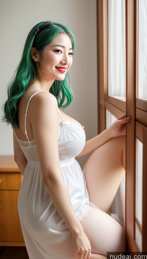 ai nude image of araffe woman with green hair and white dress posing by window pics of Woman One Beautiful Lipstick Huge Boobs Big Hips Fairer Skin Seductive Sexy Face Happy Green Hair Korean Dirndl Nightgown Stockings Slicked 30s Bedroom Front View