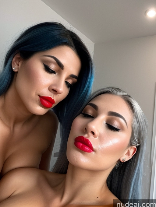 ai nude image of two women with blue hair and red lipstick are posing for a picture pics of Two Woman + Man Huge Boobs Perfect Boobs Big Ass Lipstick Perfect Body 40s Orgasm Blue Hair Ponytail Surrealist Bedroom Cumshot Nude Diamond Jewelry Dark Lighting Alternative Pouting Lips Front View