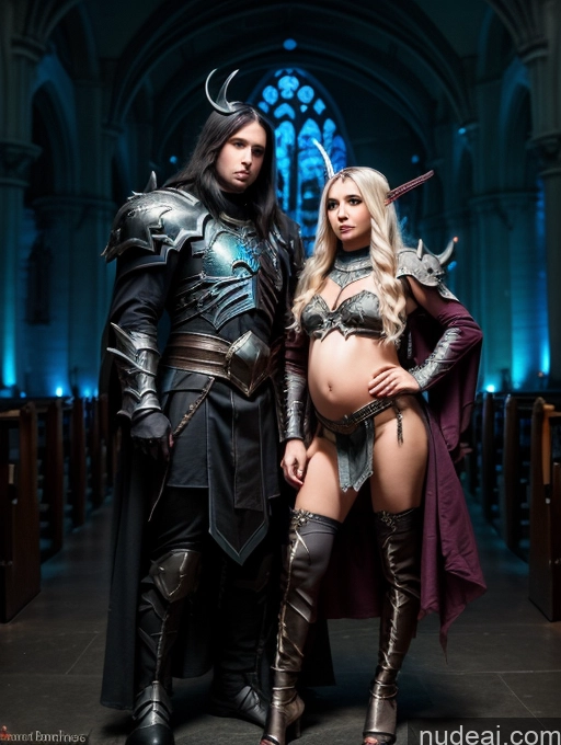 ai nude image of araffes and a pregnant woman in armor pose for a picture pics of Woman + Man Two Small Tits Muscular Skinny Short Tall Pregnant 18 Dark Fantasy Church Cosplay Dark Lighting Detailed Elf Outfit/Elf Bikini Death Knight