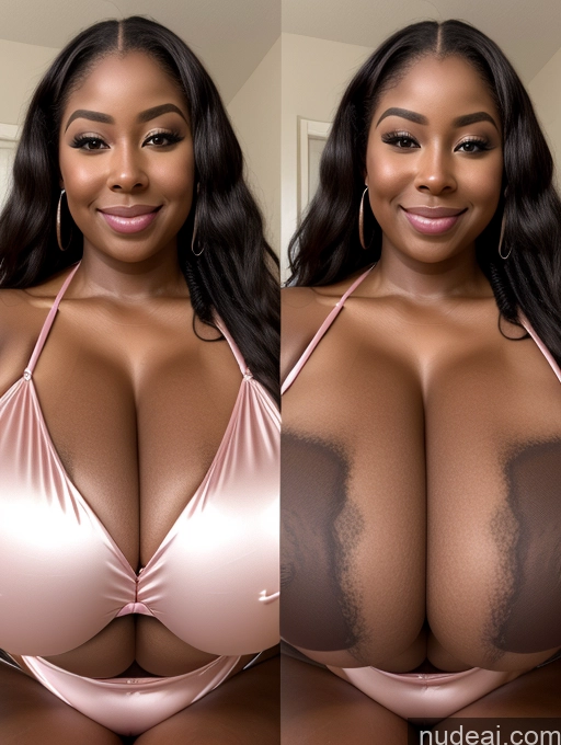 ai nude image of araffed woman in a pink bikini posing for a picture pics of One Busty Huge Boobs Perfect Boobs Beautiful Long Hair 30s Happy Laughing Ginger African Close-up View Microkini Satin Cleavage Onoff