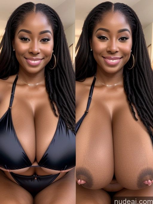 ai nude image of arafed woman with big breasts posing for a picture pics of One Busty Huge Boobs Perfect Boobs Beautiful Long Hair 30s Happy Laughing Ginger African Close-up View Microkini Satin Cleavage Onoff