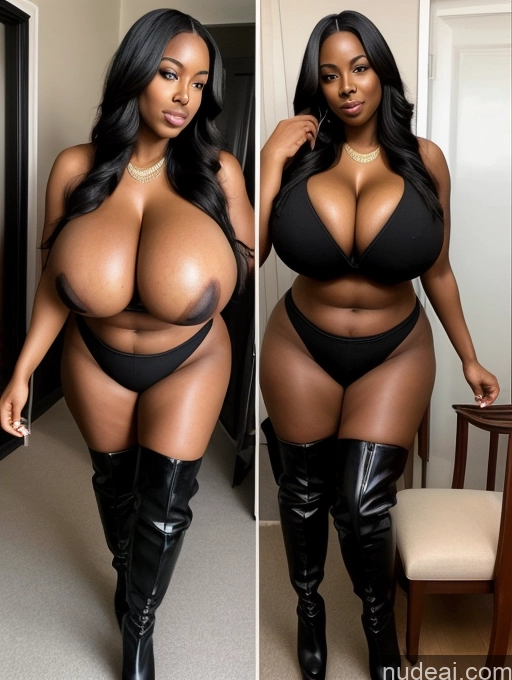 ai nude image of a woman in a black bikini and thigh high boots posing for a picture pics of Woman Huge Boobs Perfect Boobs Big Ass Big Hips 30s Black Hair Long Hair African Cleavage Alternative Boots