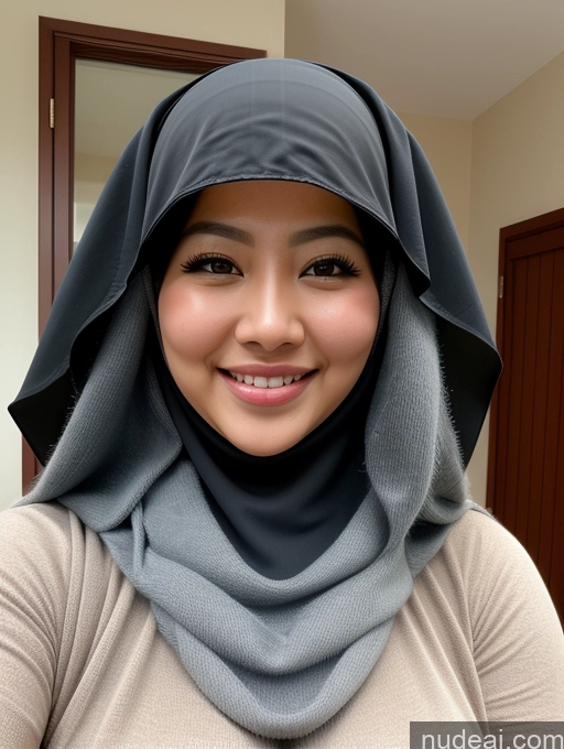 ai nude image of smiling woman wearing a gray and black hijab and a gray scarf pics of Woman One Busty Perfect Boobs Big Ass Thick 20s Happy Indonesian Front View Niqab