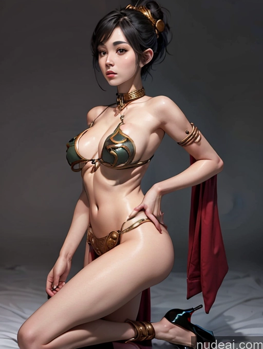 ai nude image of araffed woman in a bikini and cape posing on a bed pics of Model One Skinny 18 Black Hair Pixie Japanese Perfect Boobs High Heels Front View Slavekini, Aka Slave Leia Outfit