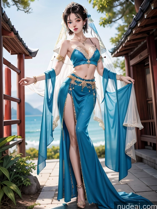 ai nude image of arafed woman in a blue dress and veil posing for a picture pics of Model One Skinny 18 Black Hair Pixie Japanese Perfect Boobs High Heels Front View China Goddess Fashion