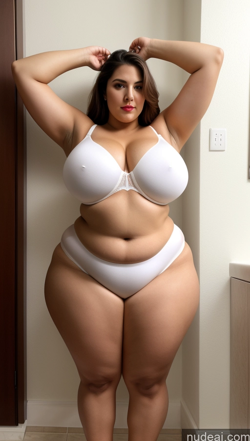 ai nude image of araffe woman in a white bra and panties posing for a picture pics of Huge Boobs Big Ass Lipstick Abs Chubby Fairer Skin Long Hair Front View Indian Bathroom Bra T-pose