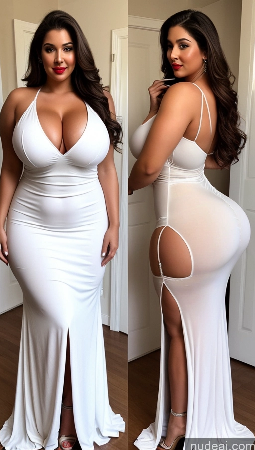 ai nude image of a close up of two photos of a woman in a white dress pics of One Big Ass Abs Chubby Fairer Skin Long Hair Indian Huge Boobs Dress Lipstick