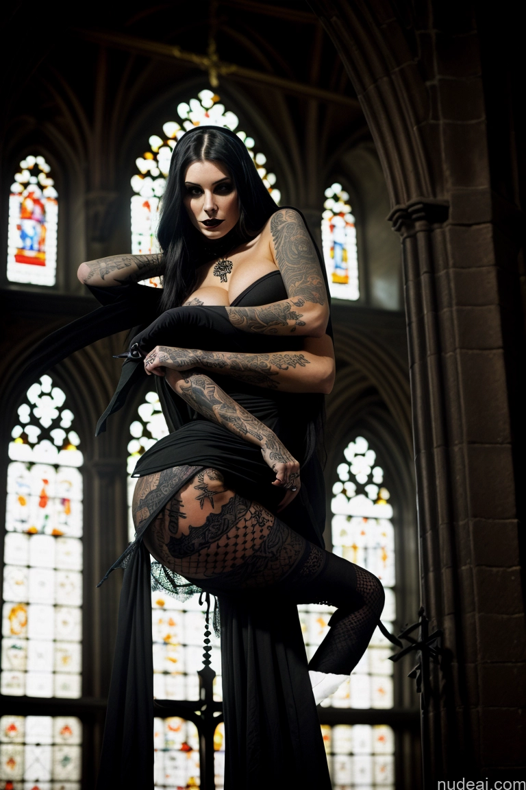 ai nude image of gothic woman with tattoos and stockings posing in front of stained glass windows pics of Perfect Boobs Tattoos Pubic Hair Long Hair Fairer Skin Serious Black Hair Church Goth Round Ass Bright Lighting Witch