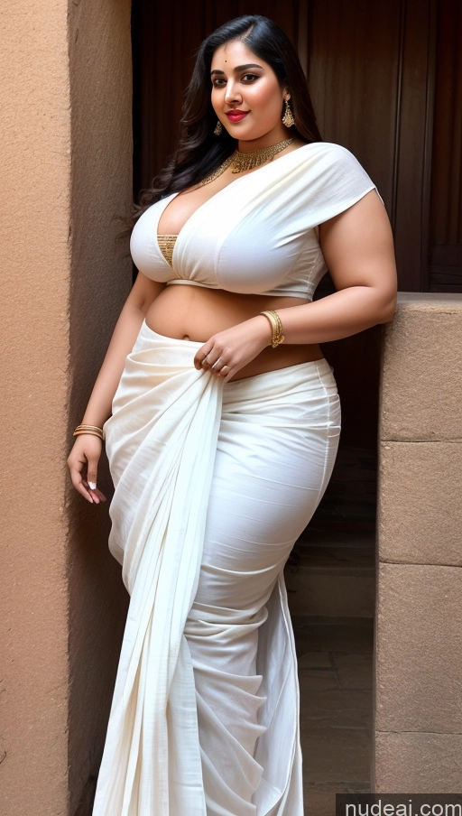 ai nude image of a pregnant woman in a white sari posing for a picture pics of Huge Boobs Big Ass Abs Chubby Lipstick Fairer Skin Indian Sari Long Hair Traditional