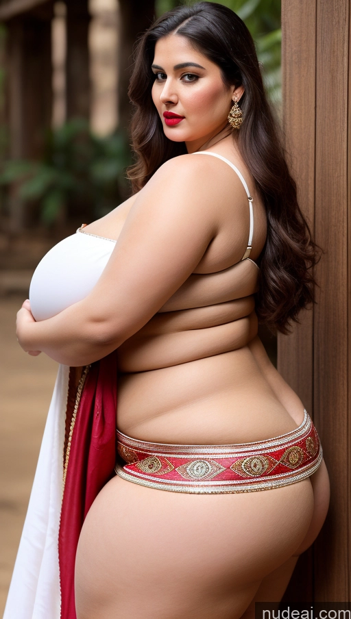 ai nude image of araffe woman in a red and white sari posing for a picture pics of Huge Boobs Big Ass Abs Chubby Lipstick Fairer Skin Indian Long Hair Traditional