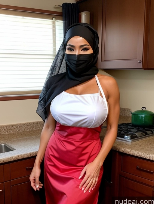 ai nude image of woman in a red and white dress and a black scarf pics of Miss Universe Model Busty Perfect Boobs Abs Muscular 80s Soft + Warm Apron Geisha Niqab