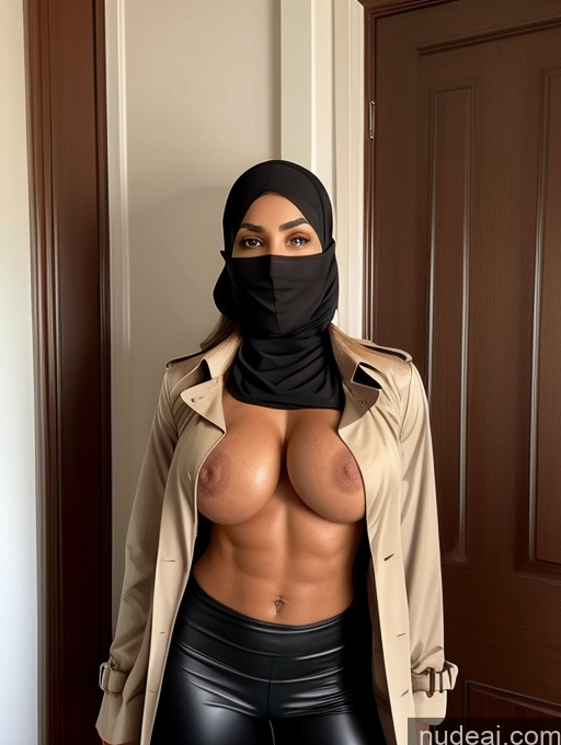 ai nude image of arafed woman in a black mask and leather pants posing for a picture pics of Busty Perfect Boobs Abs Muscular Soft + Warm Niqab Beautiful Athlete Blouse Trench Coat