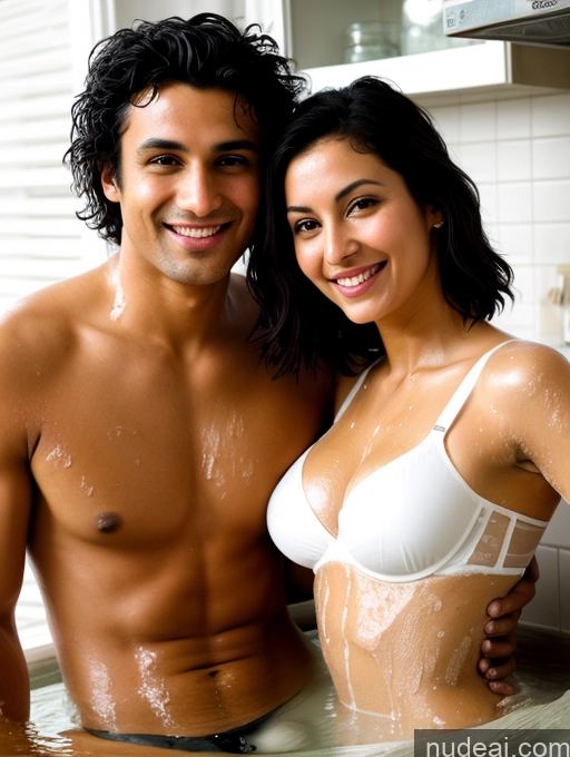 ai nude image of they are in the bathtub posing for a picture together pics of Woman + Man Two Perfect Boobs Small Ass Fairer Skin 20s Happy Sexy Face Black Hair Messy Indian Film Photo Kitchen Close-up View Bathing Bra Nude Blouse Bright Lighting Simple