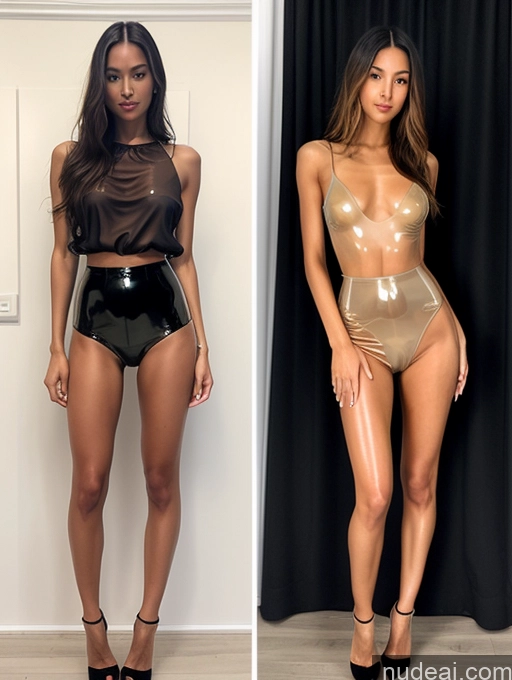 ai nude image of two photos of a woman in a shiny bodysuit and a woman in a shiny top pics of Model Two Long Legs Perfect Body Tanned Skin Oiled Body Detailed Small Tits Skinny Small Ass Spreading Legs Nude Blouse High Heels Micro Skirt Transparent Skin Detail (beta) Latex Filipina