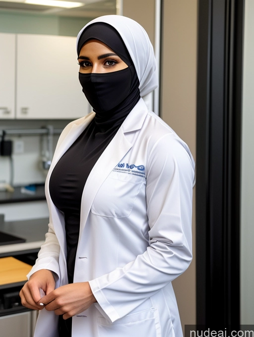 ai nude image of arafed woman in a lab coat and a black mask pics of Busty Perfect Boobs Abs Muscular Soft + Warm Niqab Beautiful Athlete Lab Coat