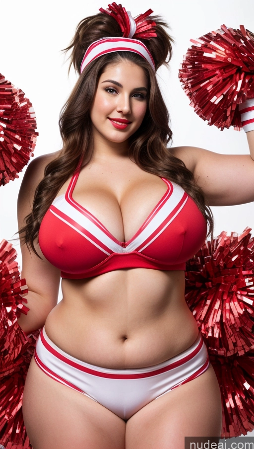 ai nude image of arafed woman in a red and white cheerleader outfit posing for a picture pics of Huge Boobs Big Ass Abs Chubby Fairer Skin Long Hair Lipstick Front View Indian Cheerleader 18