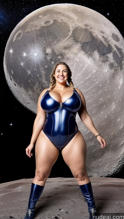 ai nude image of araffe woman in a shiny blue bodysuit posing in front of a moon pics of 40s Milf Thick Happy Spreading Legs Moon Space Suit Huge Boobs Chubby Big Ass Big Hips Pigtails