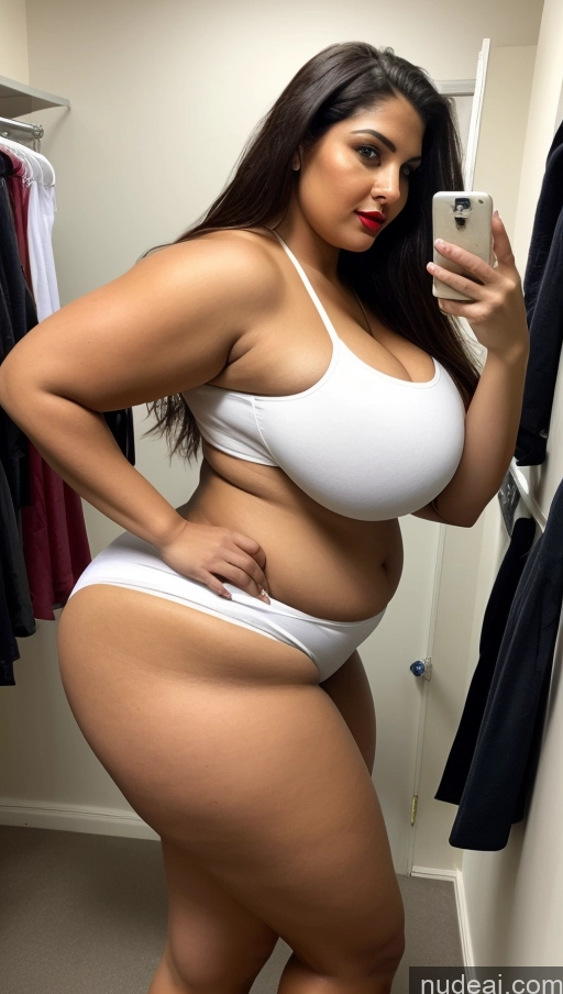 ai nude image of araffe woman in white underwear taking a selfie in a mirror pics of Huge Boobs Big Ass Abs Chubby Fairer Skin Long Hair Lipstick Front View Indian Changing Room Police