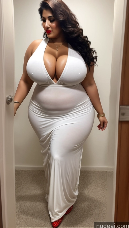 ai nude image of a woman in a white dress is standing in a doorway pics of Huge Boobs Big Ass Lipstick Abs Chubby Fairer Skin Long Hair Indian Front View Changing Room Salwar