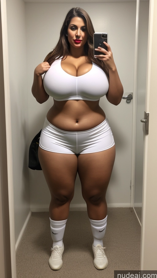 ai nude image of araffe woman in white shorts taking a selfie in a mirror pics of Huge Boobs Big Ass Lipstick Abs Chubby Fairer Skin Long Hair Indian Front View Changing Room Soccer