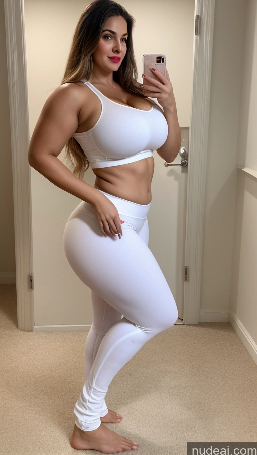 ai nude image of araffe woman in white pants and a white bra top taking a selfie pics of Huge Boobs Big Ass Lipstick Abs Chubby Fairer Skin Long Hair Indian Changing Room Yoga Pants