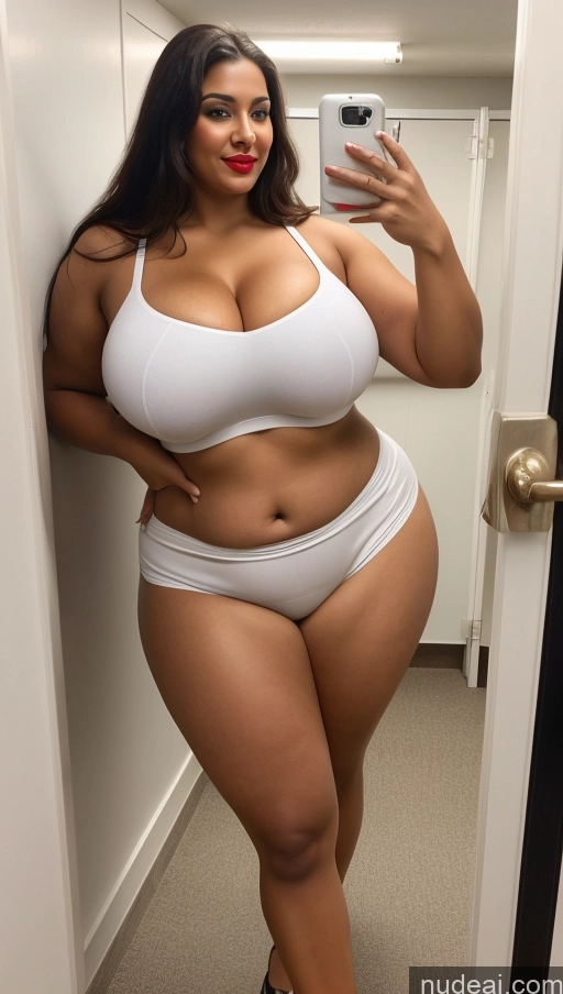 ai nude image of araffe woman in white underwear taking a selfie in a mirror pics of Huge Boobs Big Ass Lipstick Abs Chubby Fairer Skin Long Hair Indian Changing Room Flight Attendant