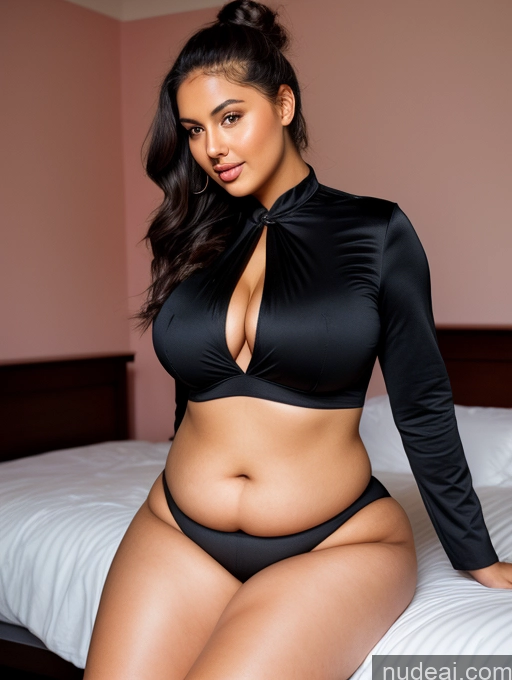 ai nude image of araffed woman in a black top and black panties sitting on a bed pics of Woman Busty Perfect Boobs Beautiful Big Ass Thick Chubby Fat Big Hips Perfect Body Tanned Skin 18 Black Hair Hair Bun Czech Bedroom Doctor