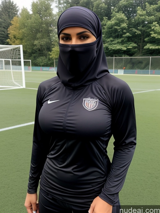 ai nude image of arafed woman in a black shirt and a black head scarf pics of Busty Perfect Boobs Beautiful Muscular Soft + Warm Abs Niqab Soccer Ninja