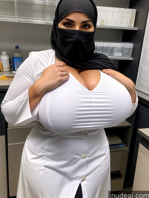 ai nude image of araffe wearing a black scarf and a white dress and a black mask pics of Busty Perfect Boobs Beautiful Muscular Soft + Warm Abs Niqab Long Skirt Lab Coat Huge Boobs