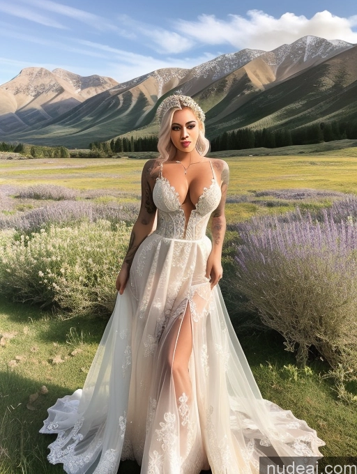 ai nude image of a woman in a wedding dress standing in a field of lavender pics of Bimbo Perfect Boobs Beautiful Tattoos Big Ass Fairer Skin 20s Purple Hair Slicked Persian Meadow Wedding