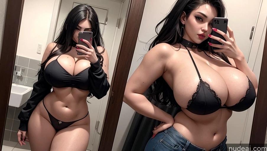 ai nude image of araffed woman in a black bra top taking a selfie in a mirror pics of Woman One Huge Boobs Busty Perfect Boobs Beautiful Big Ass Abs Big Hips Thick Perfect Body 18 Seductive Sexy Face Mirror Selfie Front View Crop Top Goth Panties Bathroom