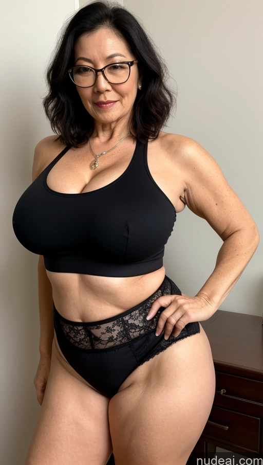 ai nude image of there is a woman in a black bra top and panties posing for a picture pics of Milf Busty Perfect Boobs Beautiful Big Ass Glasses Pubic Hair Fairer Skin 60s Black Hair One Asian Crop Top