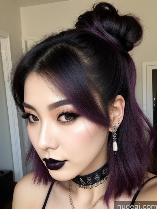 ai nude image of arafed woman with purple hair and black lipstick wearing a choke pics of Woman 18 Jewelry Perfect Boobs Beautiful Perfect Body Goth Pouting Lips Korean Purple Hair Front View Hair Bun