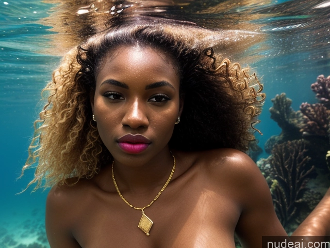 ai nude image of there is a woman with a necklace on her neck in the water pics of Pouting Lips Pubic Hair Lipstick Blonde Dark Skin Serious Black Gold Jewelry Perfect Boobs 18 Underwater Front View Long Hair