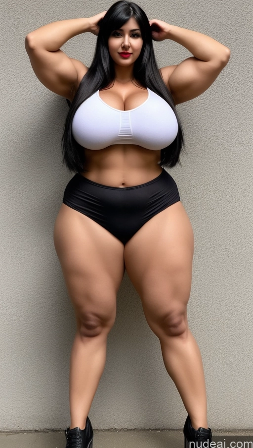 ai nude image of a woman in a white bra top and black shorts posing for a picture pics of Huge Boobs Big Ass Abs Chubby Fairer Skin Black Hair Indian Lipstick Muscular Long Hair Cosplay One