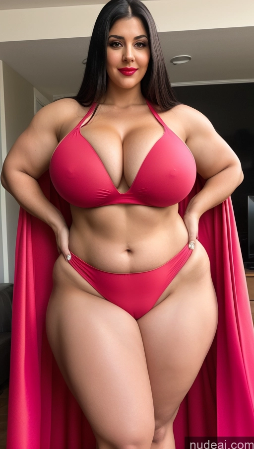 ai nude image of a woman in a pink bikini and cape posing for a picture pics of Huge Boobs Lipstick Big Ass Abs Chubby Fairer Skin Black Hair Long Hair Indian Nude Cosplay Superhero Muscular